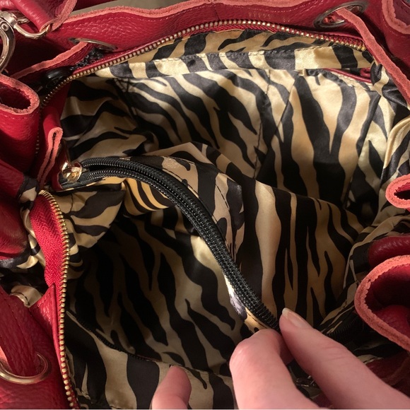 Red Leather Bag- Sam & Kate by Park Avenue. Leopard Print Satin Lining - Picture 9 of 10